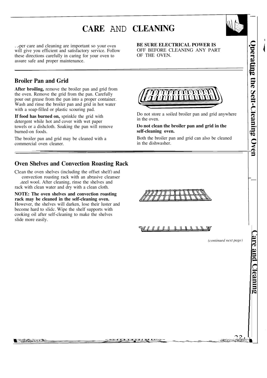 GE JKP18, JKP17, JKP16 warranty CA~ and CLEAN~G, Broiler Pan and Grid, Oven Shelves and Convection Roasting Rack 