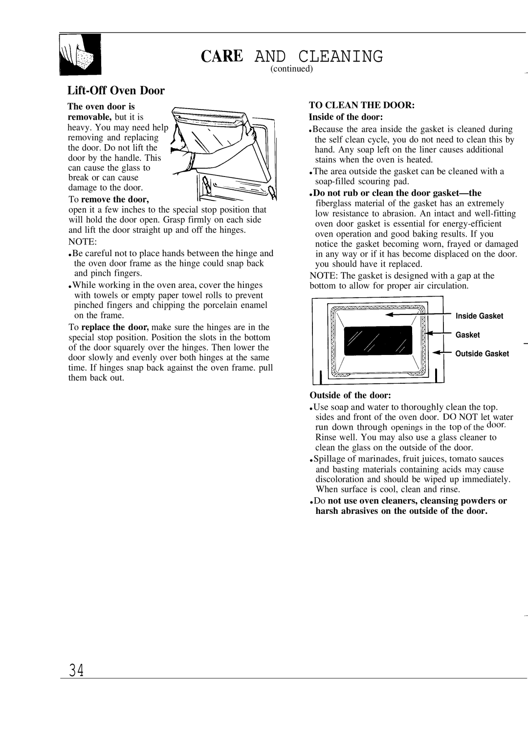 GE JKP17, JKP18, JKP16 warranty CA~ and Cleaning, Lift-Off Oven Door, Inside of the door, Outside of the door 