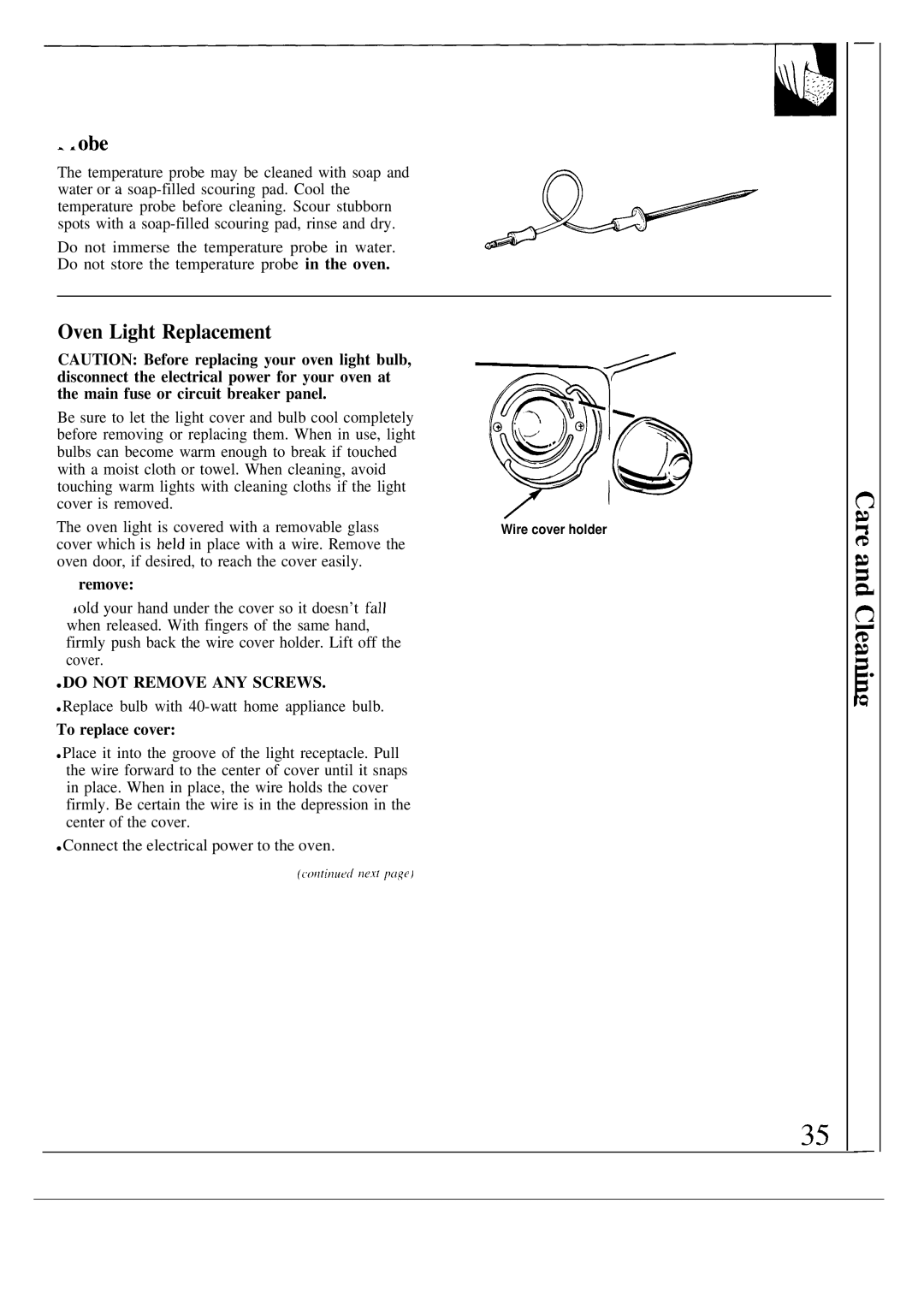 GE JKP16, JKP18, JKP17 warranty Obe, Oven Light Replacement, Remove, To replace cover 