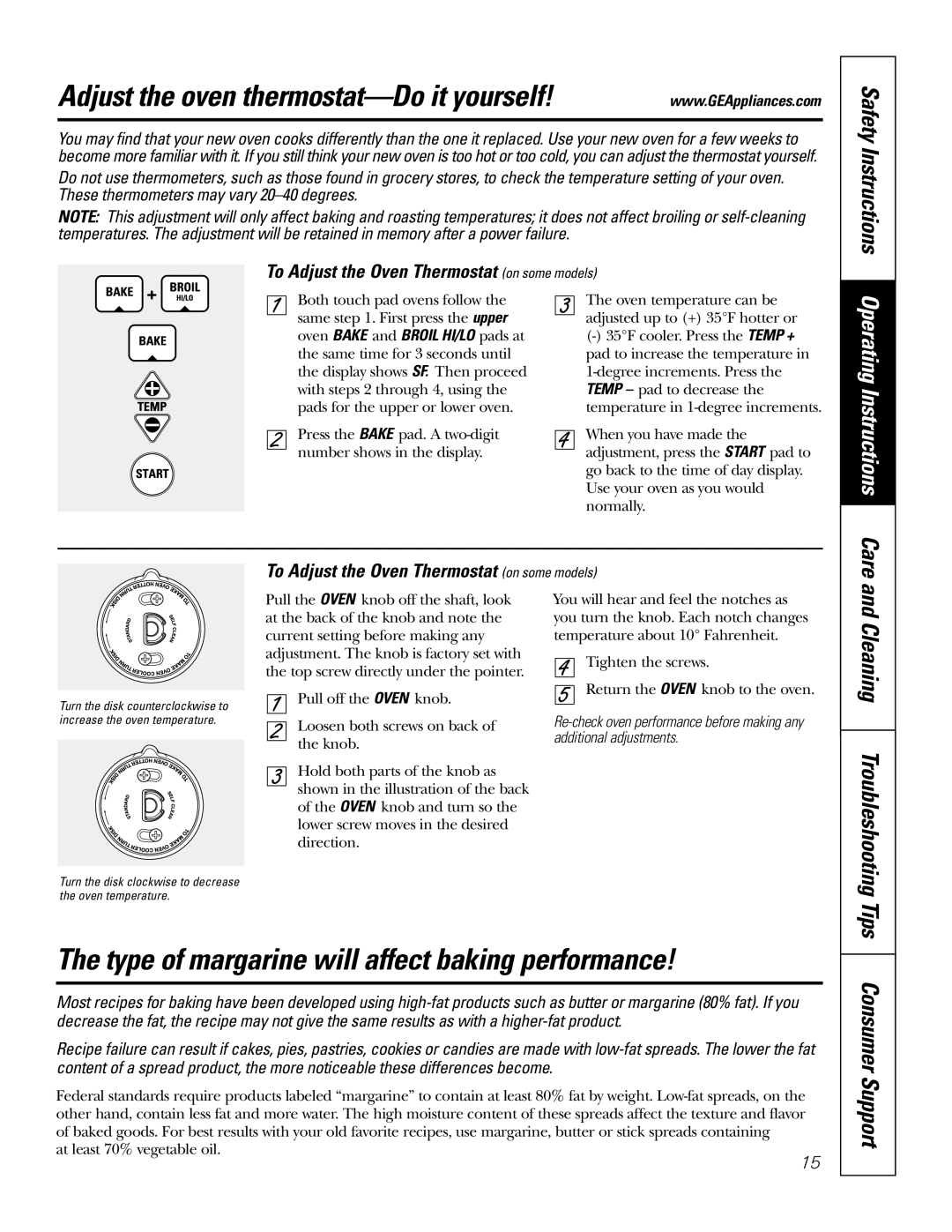 GE JKP2027 Adjust the oven thermostat-Do it yourself, Type of margarine will affect baking performance, Cleaning 