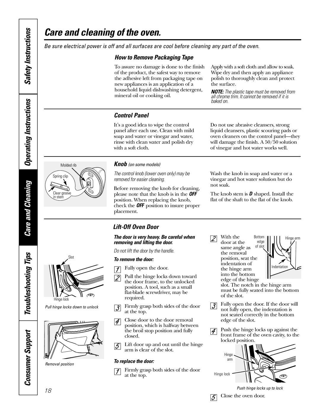 GE JKP2027 Care and cleaning of the oven, Cleaning, How to Remove Packaging Tape, Control Panel, Lift-Off Oven Door 