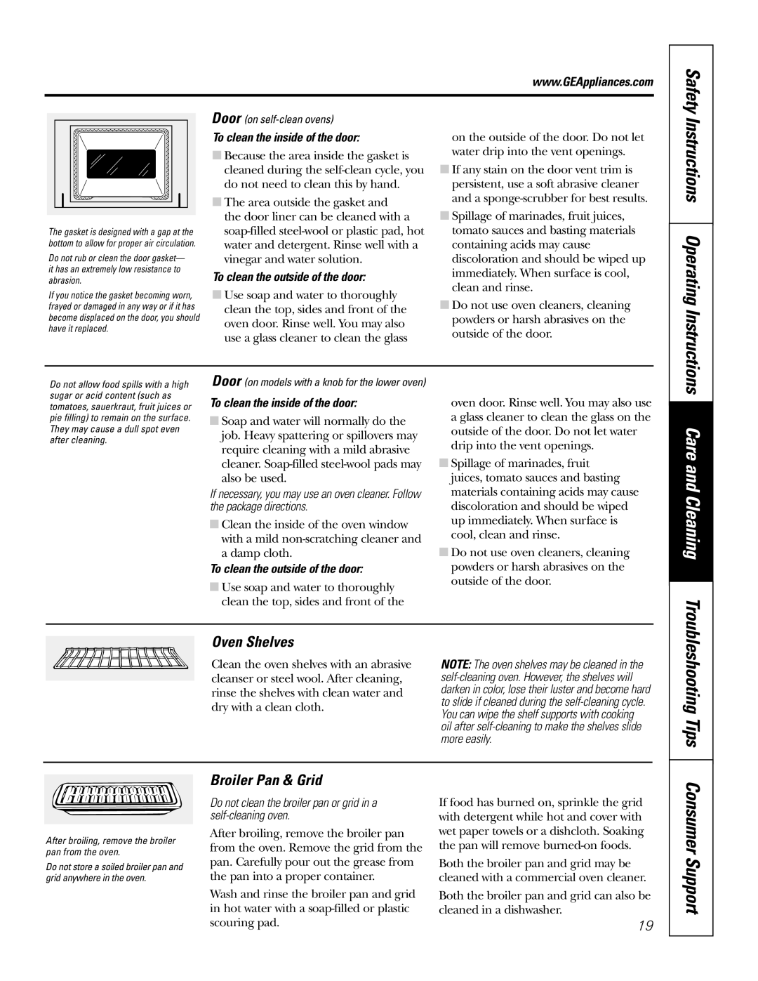 GE JKP2027 owner manual Care and Cleaning, Instructions Operating Instructions, Oven Shelves, Broiler Pan & Grid, Safety 