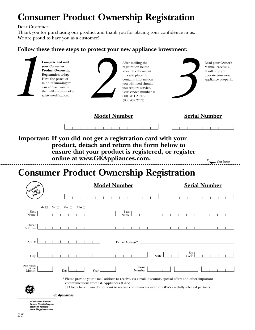 GE JKP2027 owner manual Consumer Product Ownership Registration 