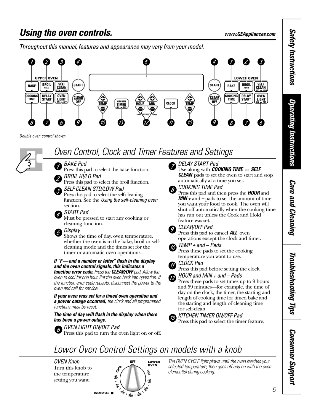 GE JKP2027 owner manual Using the oven controls, Safety Instructions Operating Instructions, Consumer Support 