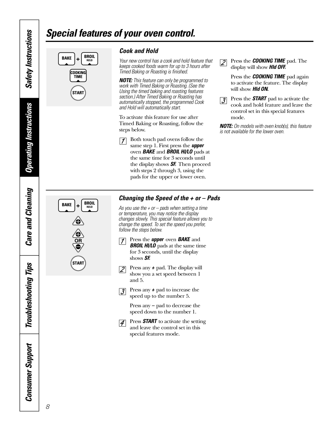 GE JKP2027 owner manual Cook and Hold, Changing the Speed of the + or Pads 