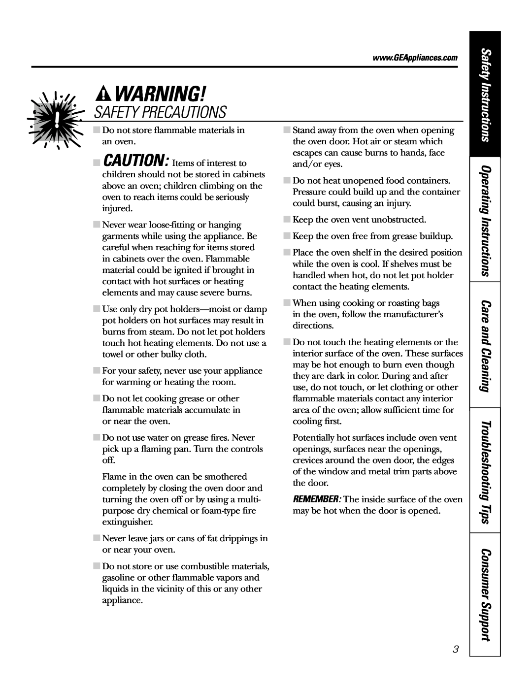 GE JKP2027 owner manual Safety Precautions, Do not store flammable materials in an oven 