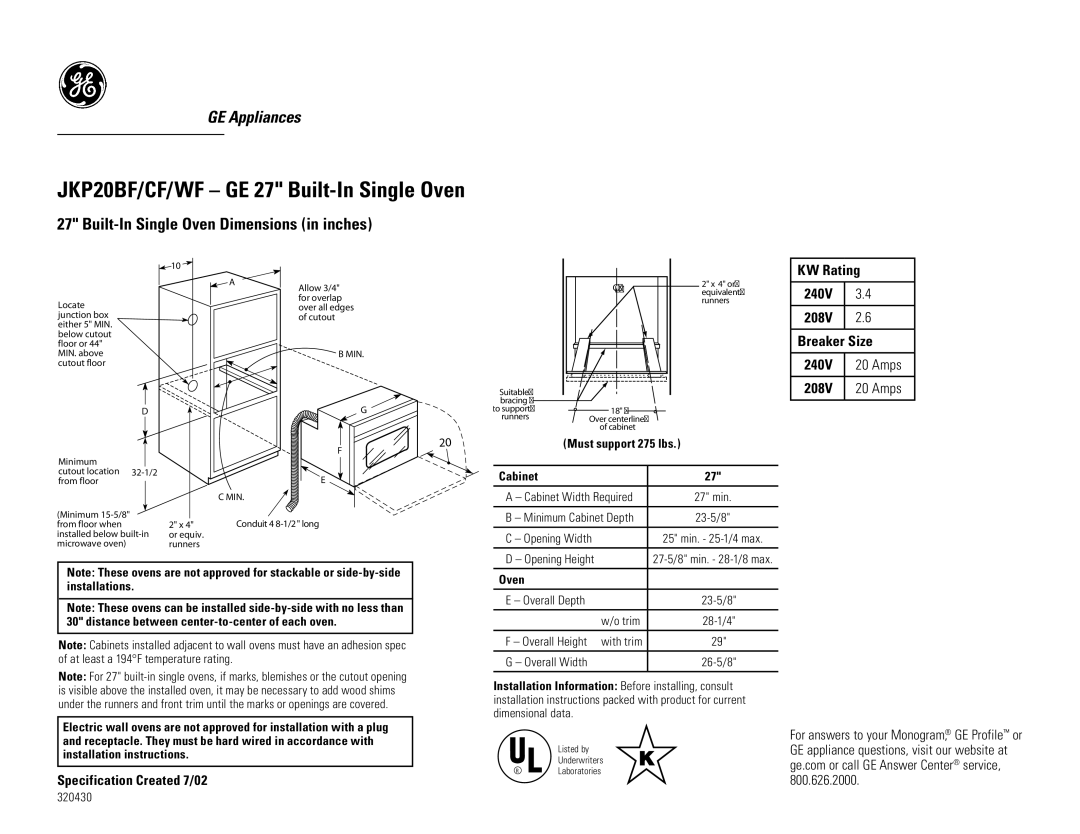 GE JKP20CF, JKP20WF installation instructions JKP20BF/CF/WF GE 27 Built-In Single Oven, Specification Created 7/02 