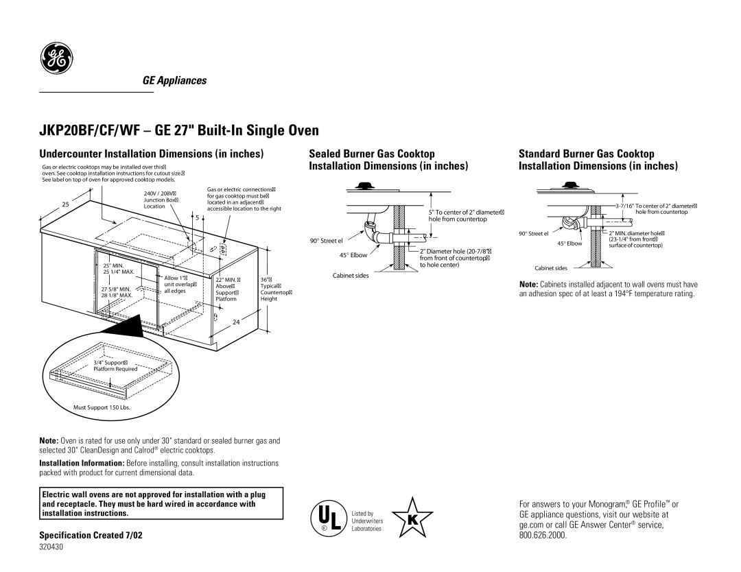 GE JKP20BF, JKP20WF, JKP20CF Installation Dimensions in inches, Street el Elbow Cabinet sides, To hole center 