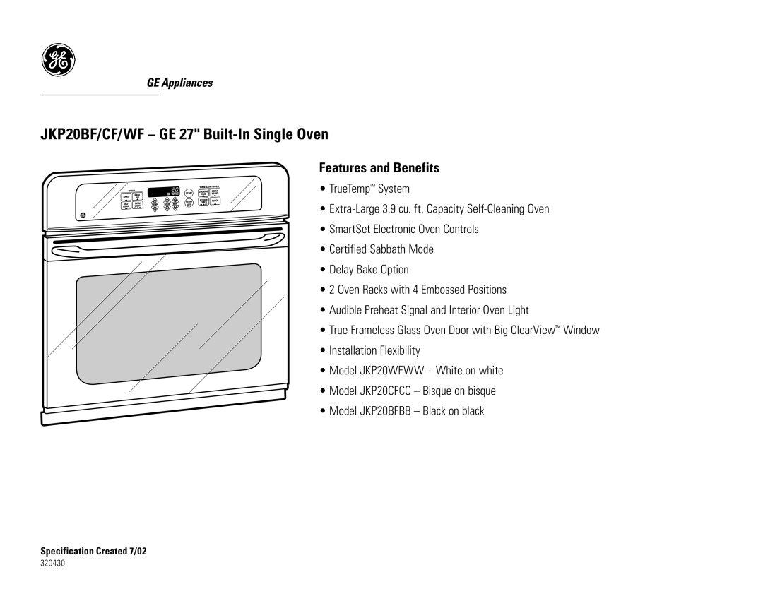 GE JKP20WF, JKP20CF, JKP20BF installation instructions Features and Benefits 