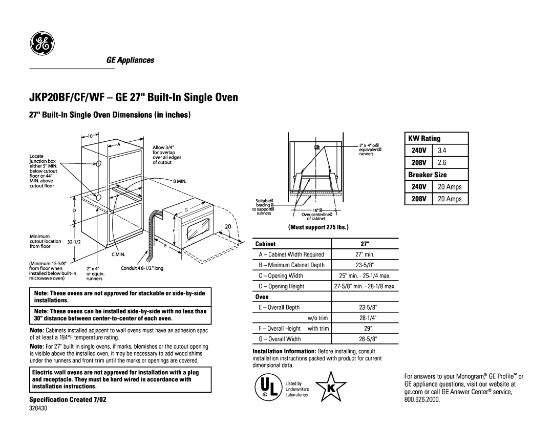 GE JKP20CF installation instructions JKP20BF/CF/WF - GE 27 Built-In Single Oven, GE Appliances, KW Rating, 240V, 208V 