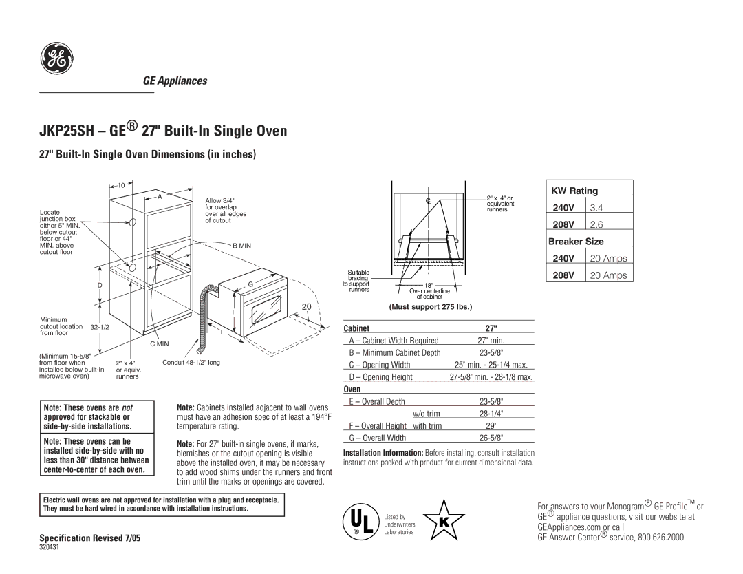 GE installation instructions JKP25SH GE 27 Built-In Single Oven, Built-In Single Oven Dimensions in inches 