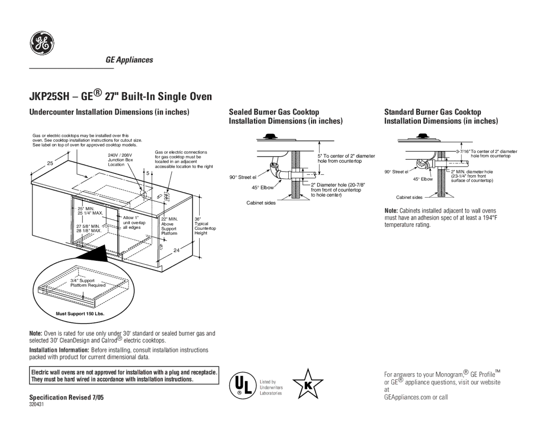 GE JKP25SH installation instructions Installation Dimensions in inches 