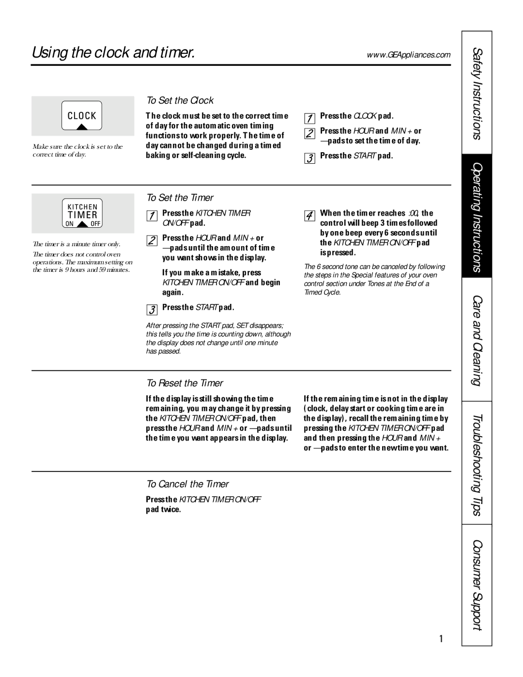 GE JRP24, JKP27, JTP45, JTP47, JKP45, JTP27 owner manual Using the clock and timer, Tips Consumer Support 