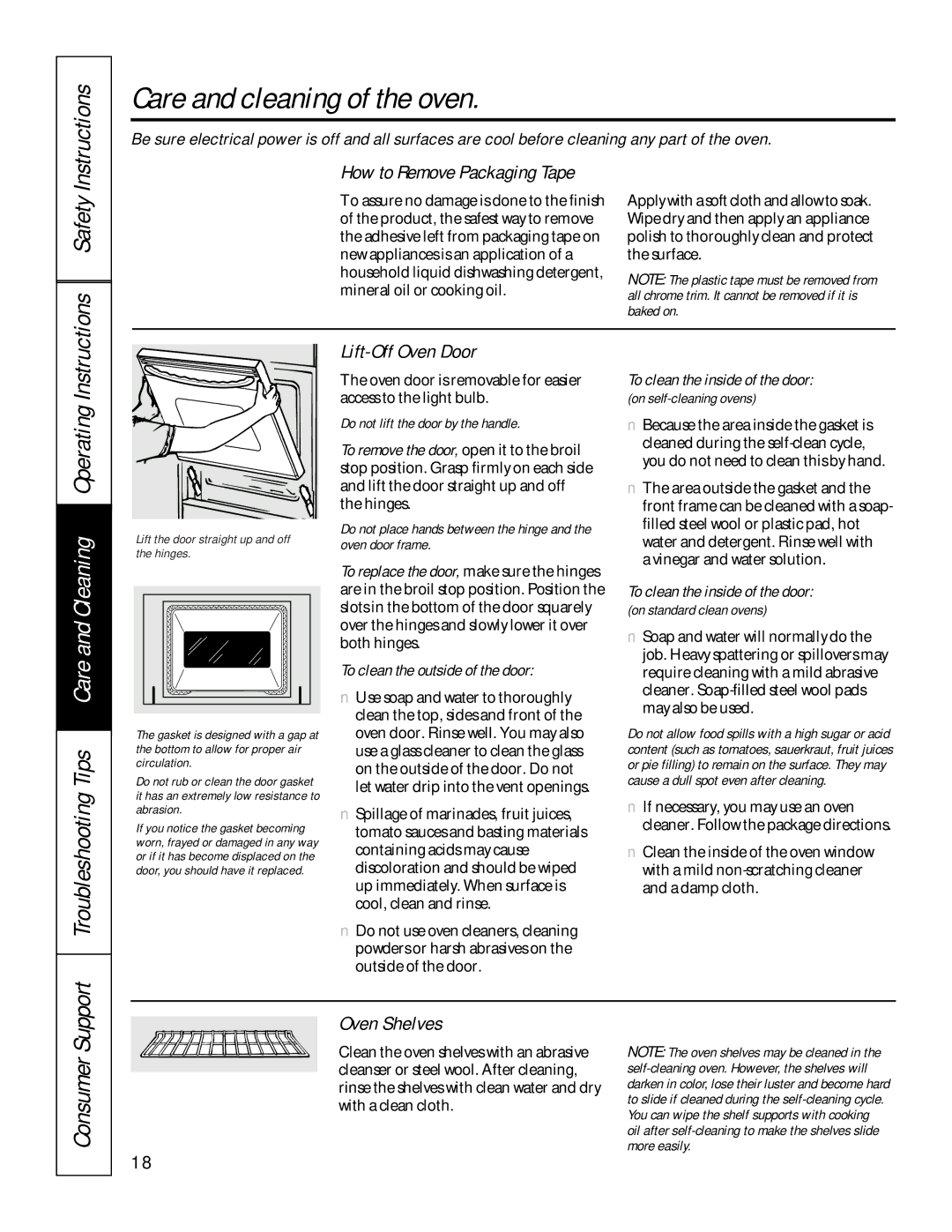 GE JKP27 Care and cleaning of the oven, Consumer Support, How to Remove Packaging Tape, Lift-Off Oven Door, Oven Shelves 