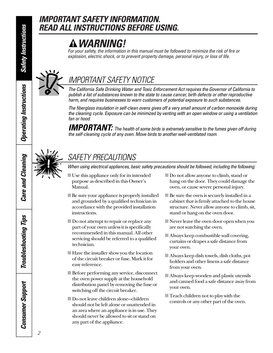 GE JTP45, JKP27, JRP24, JTP47, JKP45, JTP27 Important Safety Notice, Cleaning Operating Instructions Safety Instructions 