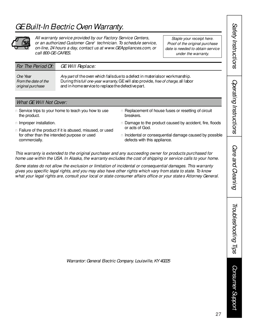 GE JTP47, JKP27, JRP24, JTP45, JKP45 GE Built-In Electric Oven Warranty, GE Will Replace, What GE Will Not Cover, One Year 