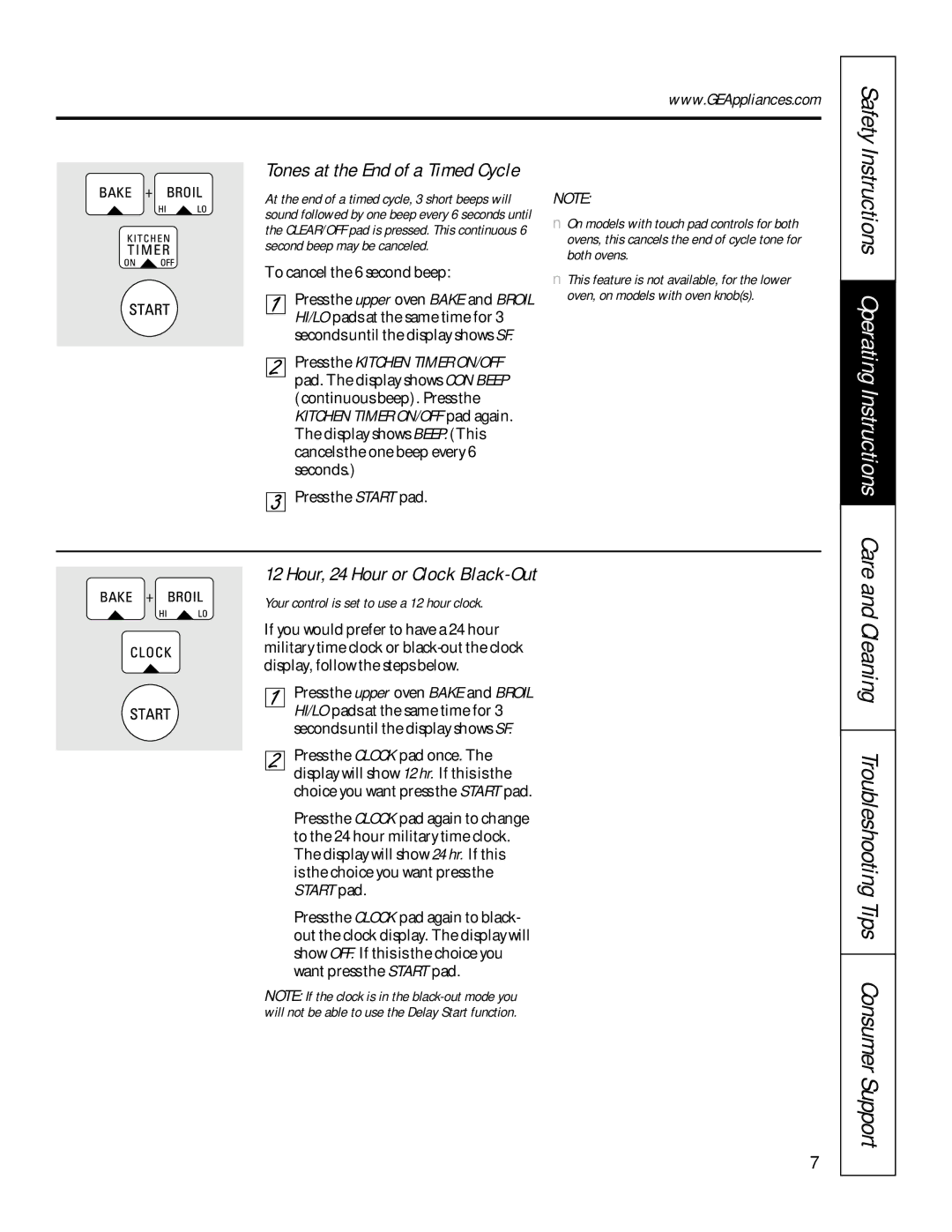 GE JRP24, JKP27, JTP45 Safety, Care and Cleaning Troubleshooting Tips Consumer Support, Hour, 24 Hour or Clock Black-Out 