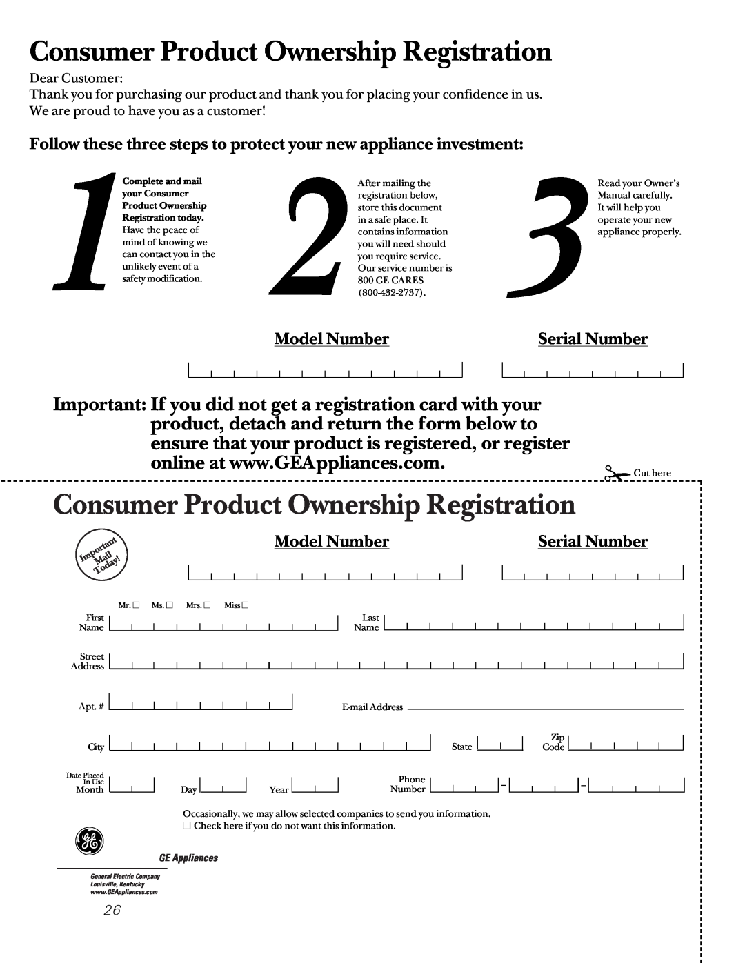 GE JTP45, JKP27, JRP24, JTP47, JKP45, JTP27 owner manual Consumer Product Ownership Registration, Model Number, Serial Number 