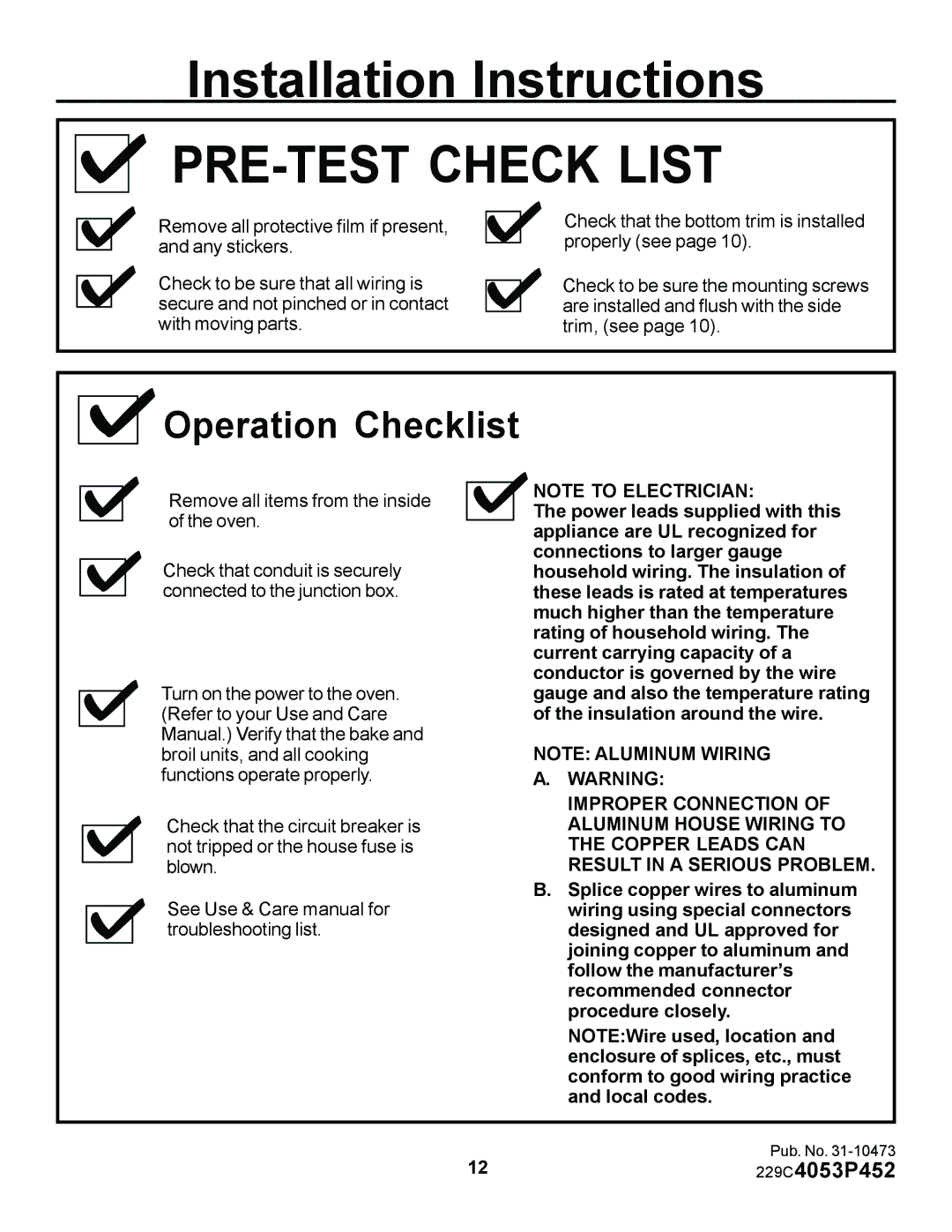 GE JKP27, ZEK957, JKS05, ZEK937 installation instructions PRE-TEST Check List, Operation Checklist 