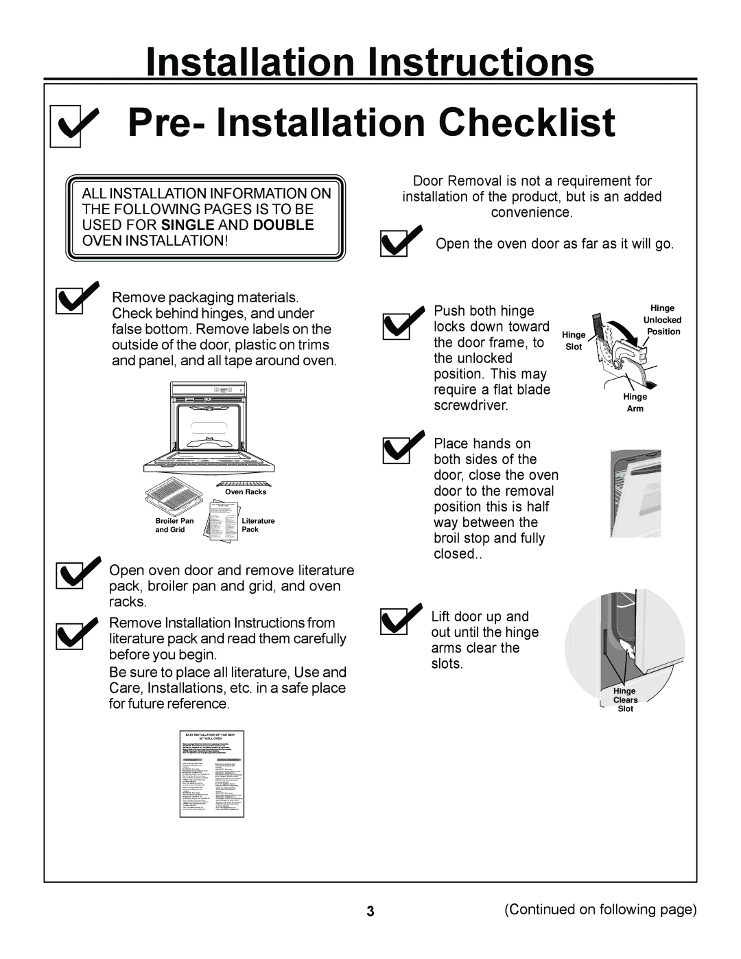 GE ZEK937, JKP27, ZEK957 Installation Instructions Pre- Installation Checklist, Easy Installation of YOU NEW Wall Oven 