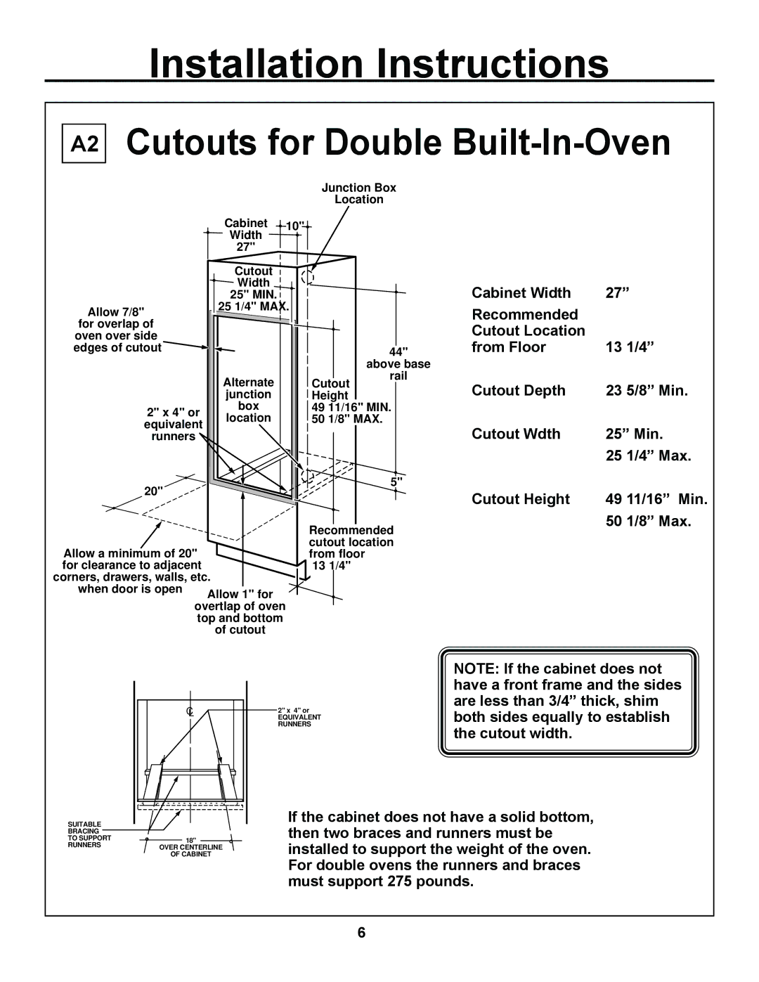 GE JKS05, JKP27, ZEK957, ZEK937 installation instructions Cutouts for Double Built-In-Oven, Cutout Depth 23 5/8 Min 