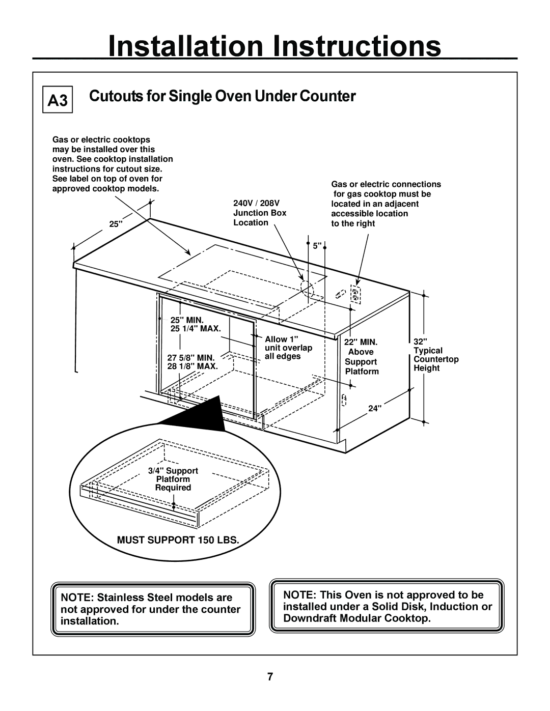 GE ZEK937, JKP27, ZEK957, JKS05 installation instructions Cutouts for Single Oven Under Counter 