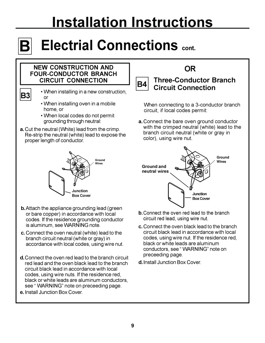 GE ZEK957, JKP27, JKS05 Electrial Connections cont, B4 Three-Conductor Branch Circuit Connection, Installation Instructions 