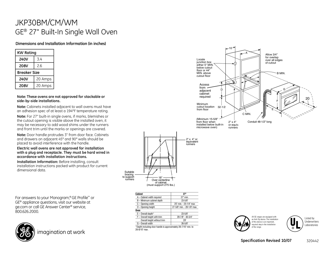 GE dimensions JKP30BM/CM/WM, GE 27 Built-In Single Wall Oven, Access from Adjacent D cabinet required, Cabinet 