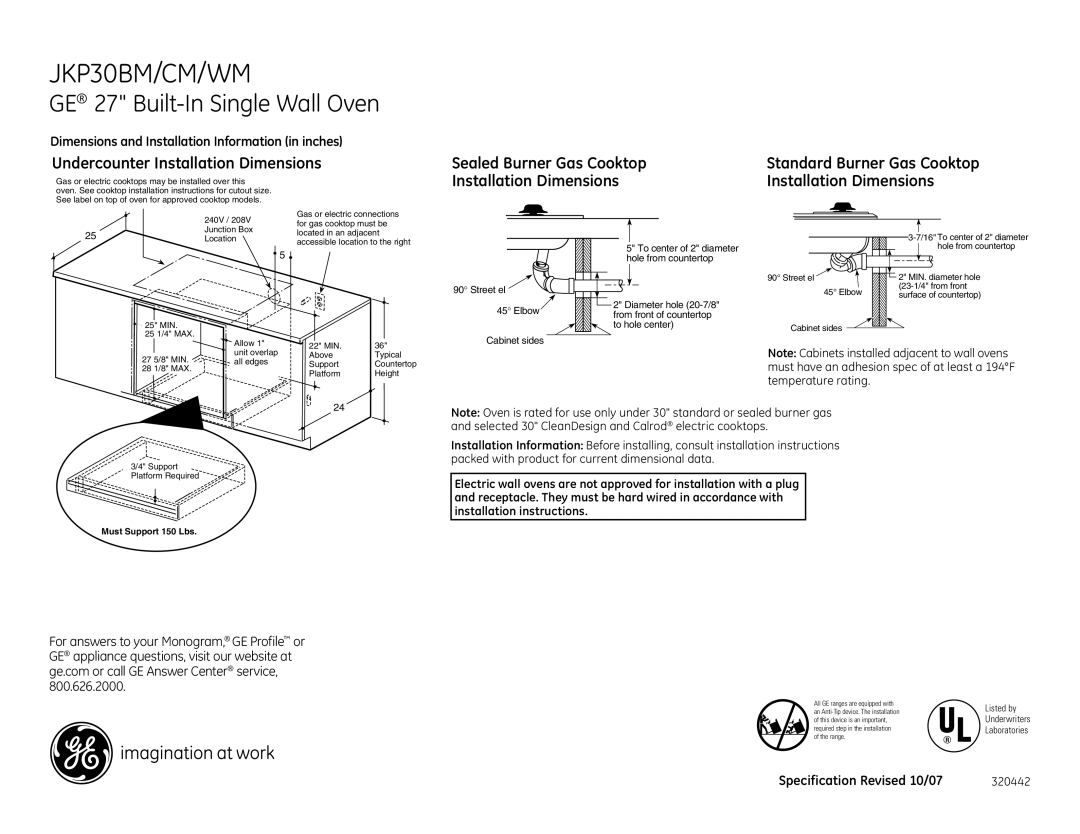 GE JKP30BM dimensions Undercounter Installation Dimensions, Sealed Burner Gas Cooktop, Street el Elbow Cabinet sides 