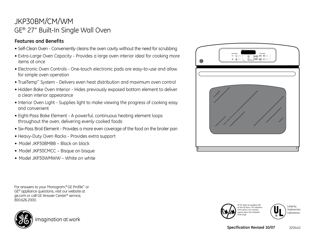 GE JKP30BM dimensions Features and Benefits 