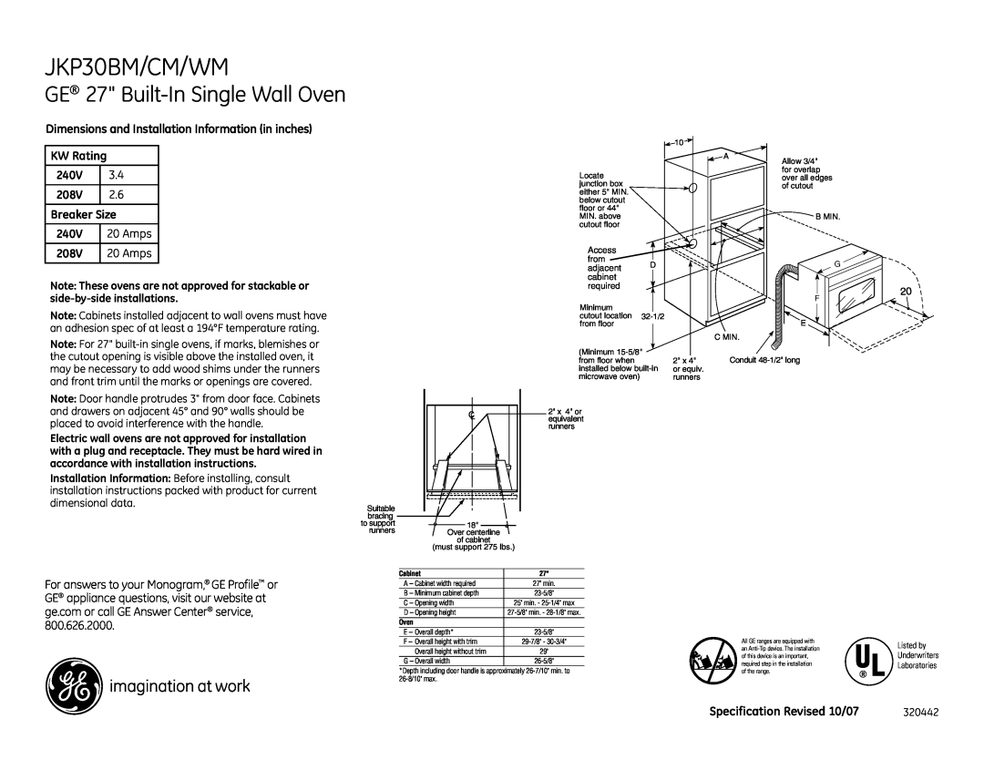 GE dimensions JKP30BM/CM/WM, GE 27 Built-In Single Wall Oven 