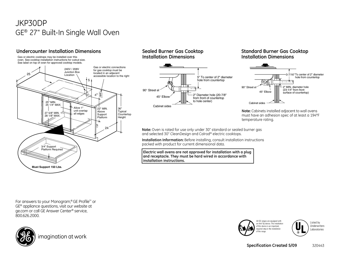 GE JKP30DPCC, JKP30DPBB, JKP30DPWW dimensions Undercounter Installation Dimensions, Sealed Burner Gas Cooktop 