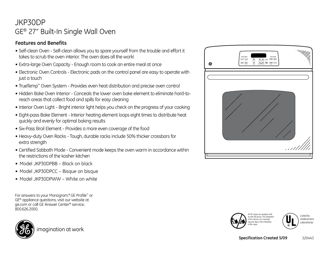 GE JKP30DPWW, JKP30DPCC, JKP30DPBB dimensions Features and Benefits 