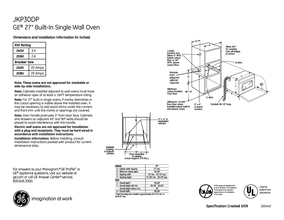 GE JKP30DPBB, JKP30DPCC, JKP30DPWW dimensions GE 27 Built-In Single Wall Oven 