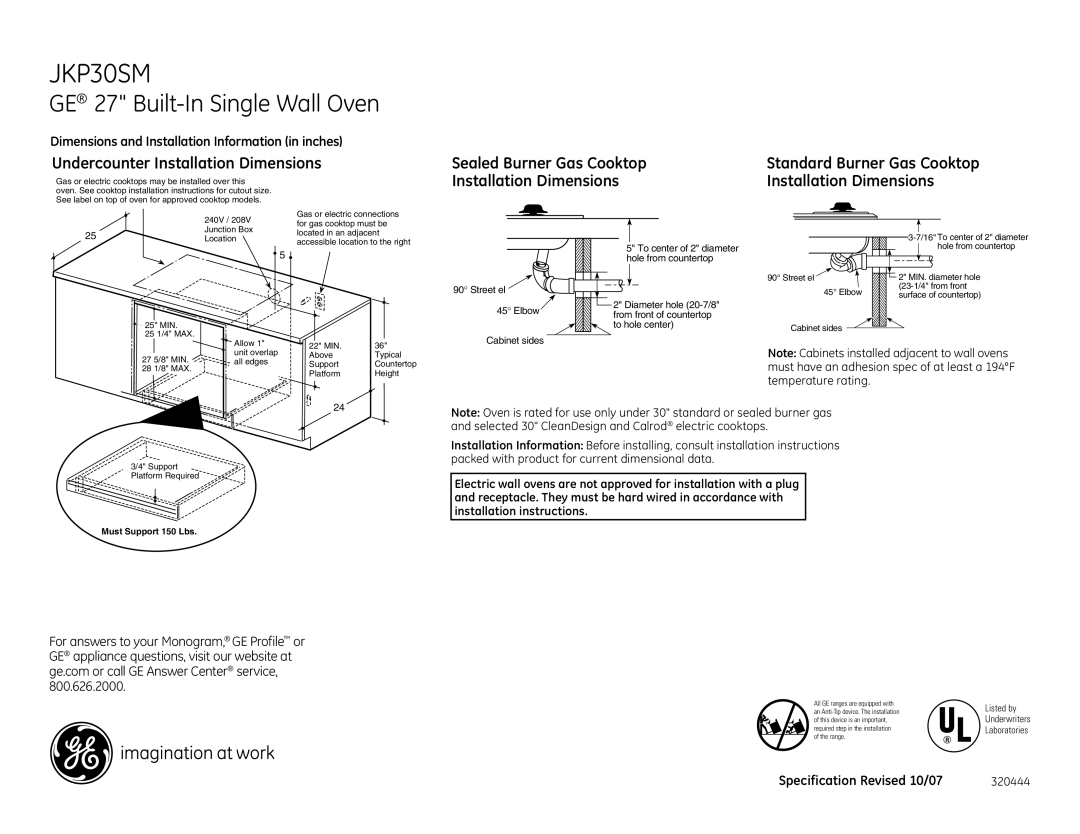 GE JKP30SM dimensions Undercounter Installation Dimensions, Sealed Burner Gas Cooktop, Street el Elbow Cabinet sides 