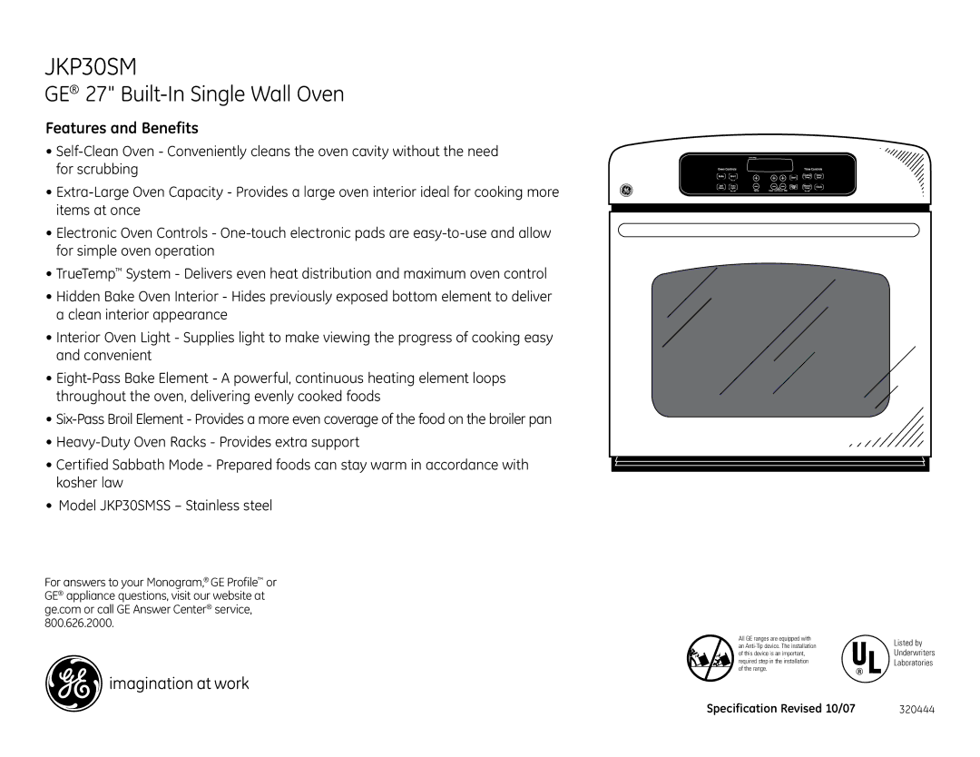 GE JKP30SM dimensions Features and Benefits 