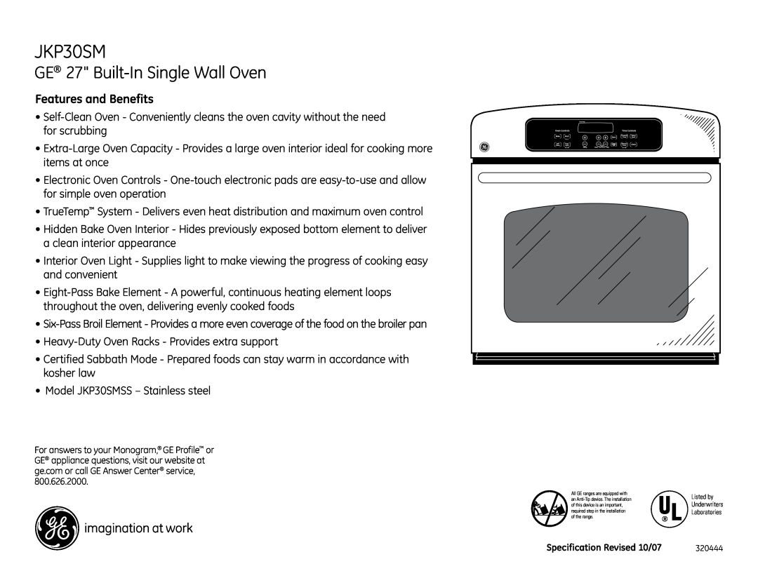 GE JKP30SM dimensions GE 27 Built-InSingle Wall Oven, Features and Benefits 