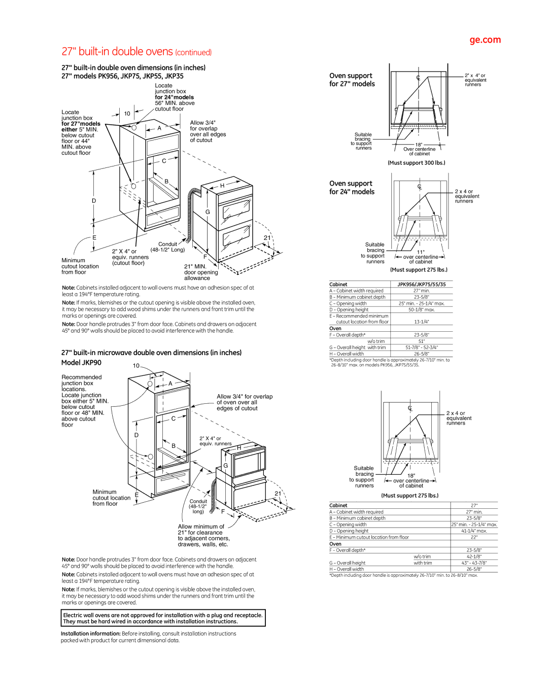 GE JKP75, JKP35, JKP55, PK956 Oven support, For 27 models, Built-in microwave double oven dimensions in inches, Model JKP90 