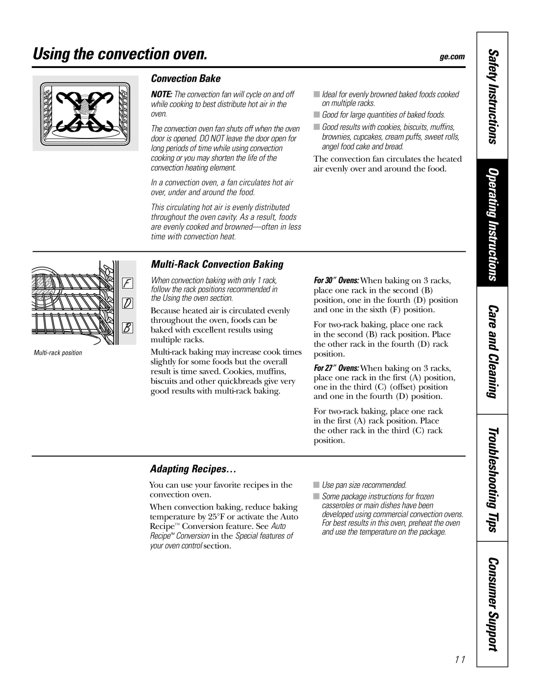 GE JKP3027 Using the convection oven, Care and Cleaning, Convection Bake, Multi-Rack Convection Baking, Adapting Recipes… 