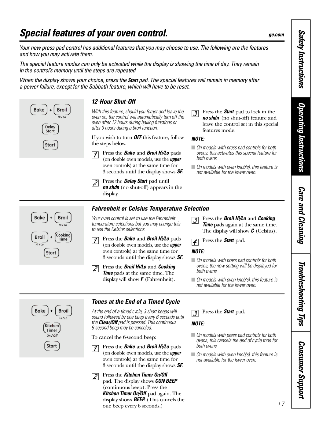 GE JTP3530 Special features of your oven control, Tips Consumer Support, Safety Instructions, Cleaning Troubleshooting 