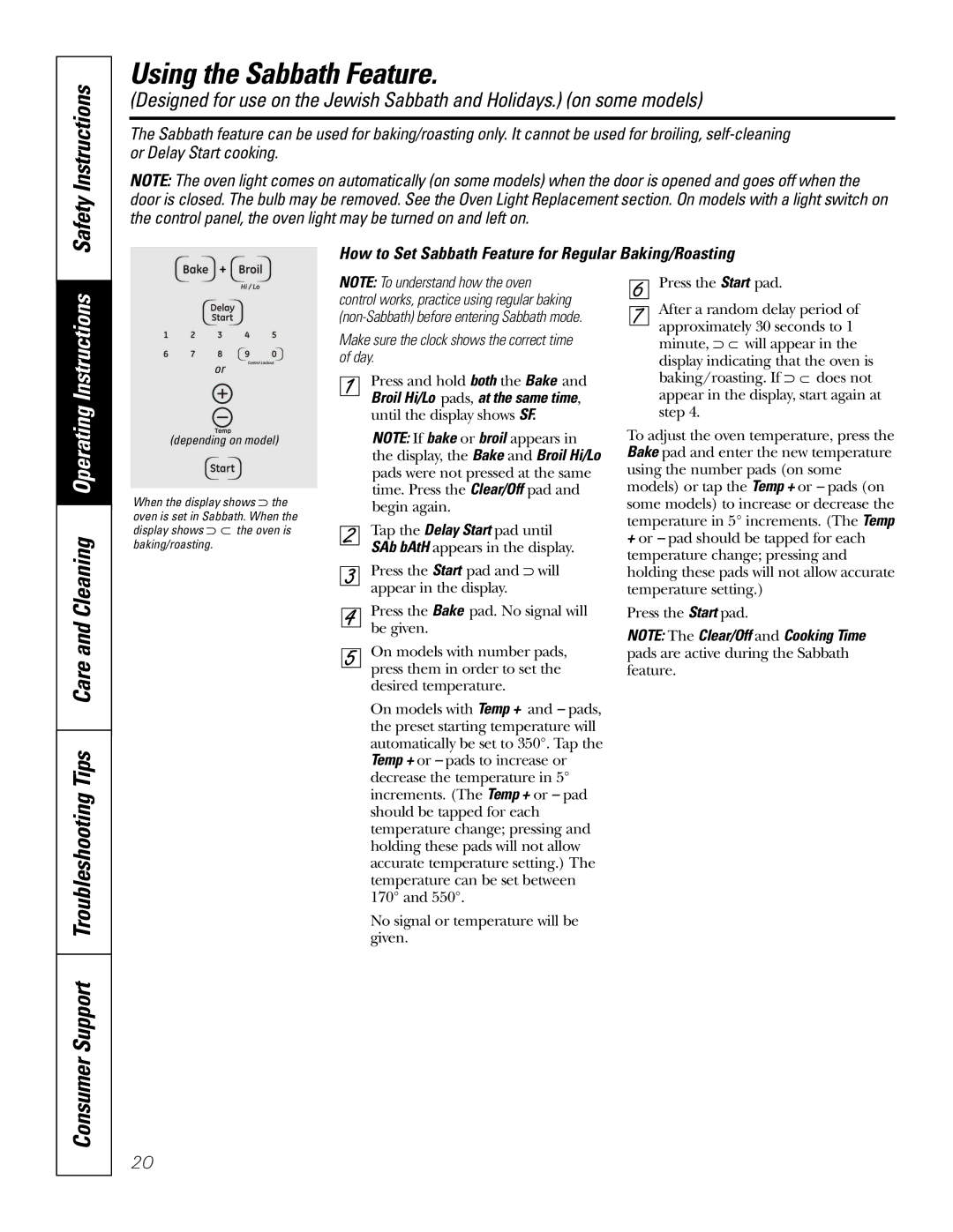 GE JKP3527, JKP3027, JKP5527, JKP7027 Using the Sabbath Feature, How to Set Sabbath Feature for Regular Baking/Roasting 