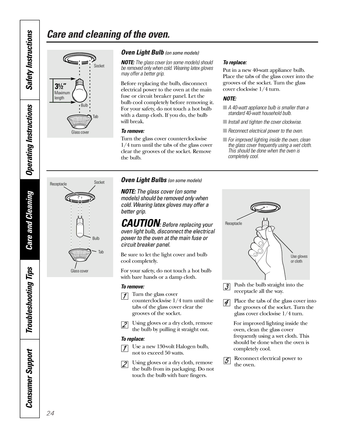 GE JTP7030 Operating Instructions Safety, Oven Light Bulb on some models, Oven Light Bulbs on some models, To remove 