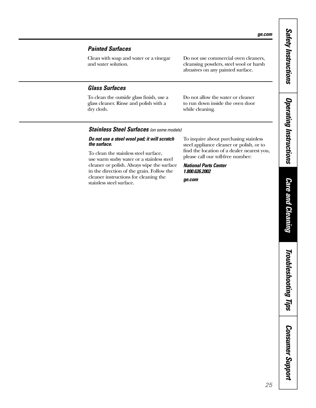 GE JTP5530, JKP3527, JKP3027, JKP5527, JKP7027, JTP7030 Safety Instructions Operating, Painted Surfaces, Glass Surfaces 