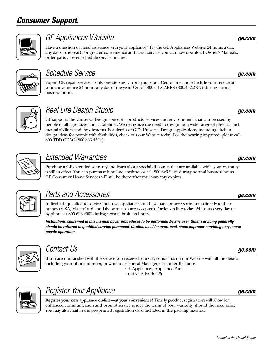 GE JKP5527, JKP3527 Consumer Support GE Appliances Website, Schedule Service, Real Life Design Studio, Extended Warranties 