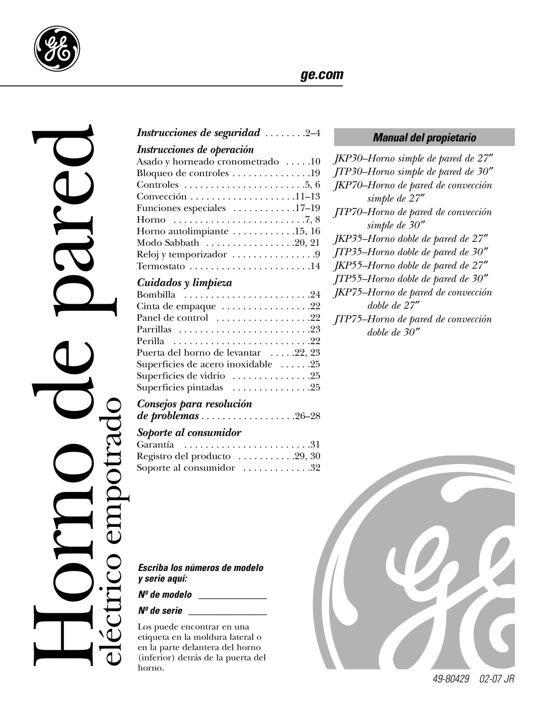 GE JKP7027, JKP3527, JKP3027, JKP5527, JTP7030, JTP5530, JTP7530 Horno de pared eléctrico empotrado, Manual del propietario 