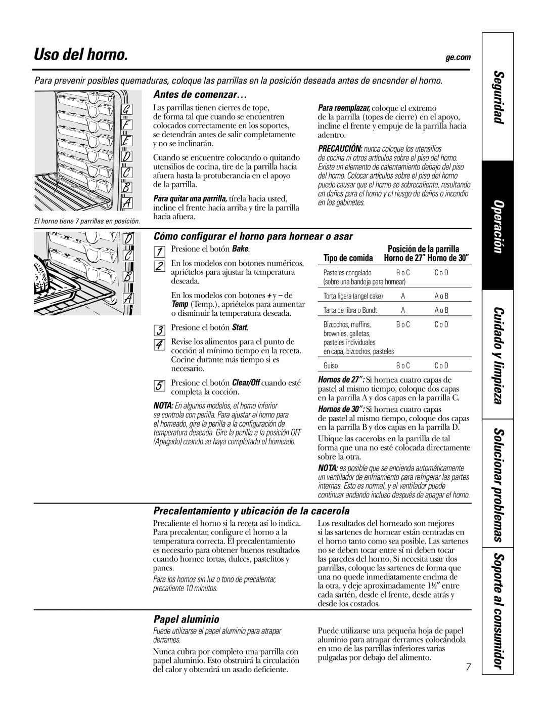 GE JKP7527, JKP3527, JKP3027, JKP5527, JKP7027, JTP7030, JTP5530, JTP7530 Uso del horno, Antes de comenzar…, Papel aluminio 