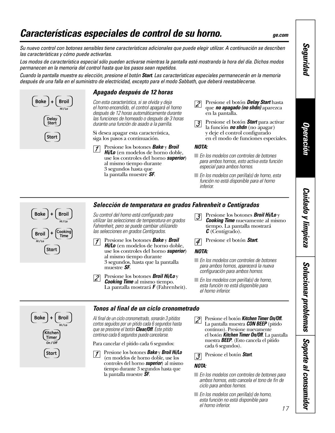 GE JKP7527, JKP3527 Características especiales de control de su horno, Limpieza Solucionar problemas Soporte al consumidor 