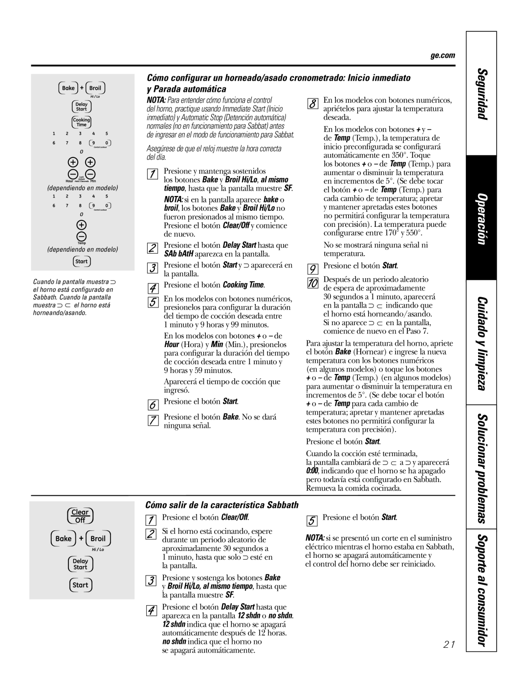 GE JKP7027 Soporte al consumidor, Cuidado y limpieza Solucionar problemas, Cómo salir de la característica Sabbath 