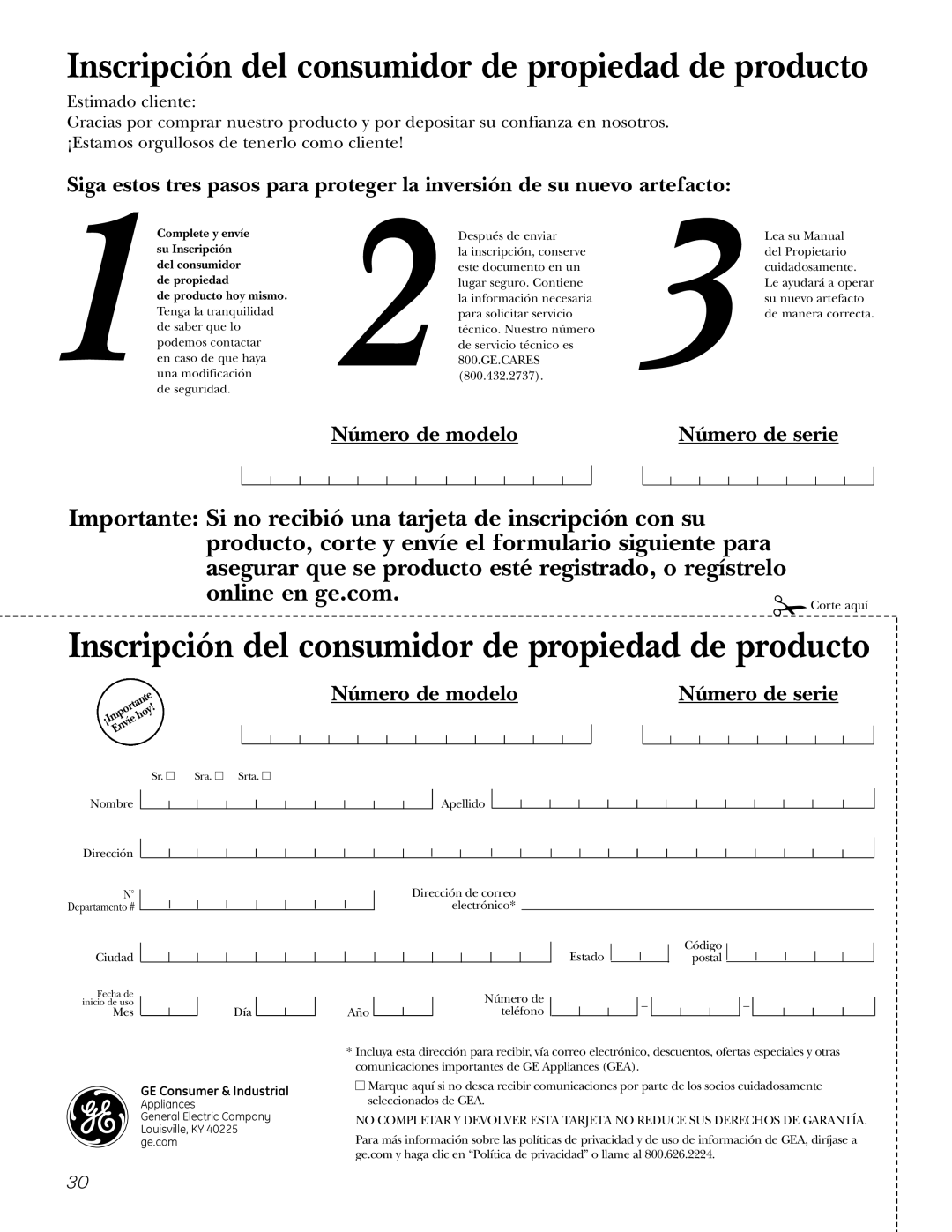 GE JKP5527, JKP3527, JKP3027, JKP7027, JTP7030, JTP5530, JTP7530, JTP3530 Inscripción del consumidor de propiedad de producto 