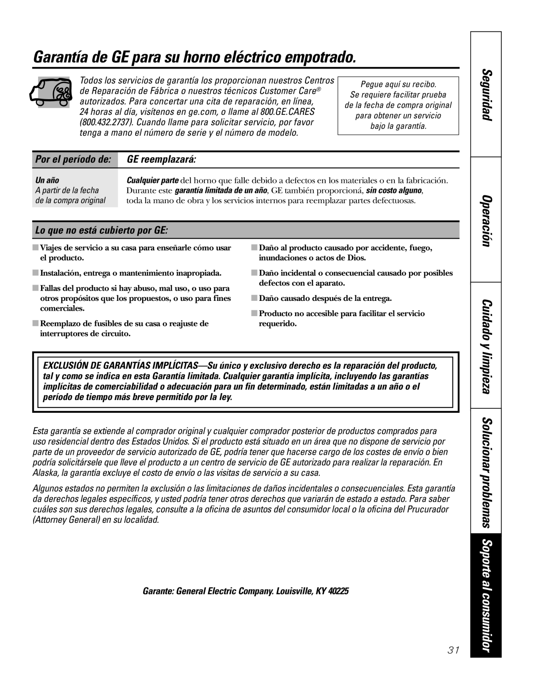 GE JKP7027 Garantía de GE para su horno eléctrico empotrado, Cuidado y, GE reemplazará, Lo que no está cubierto por GE 